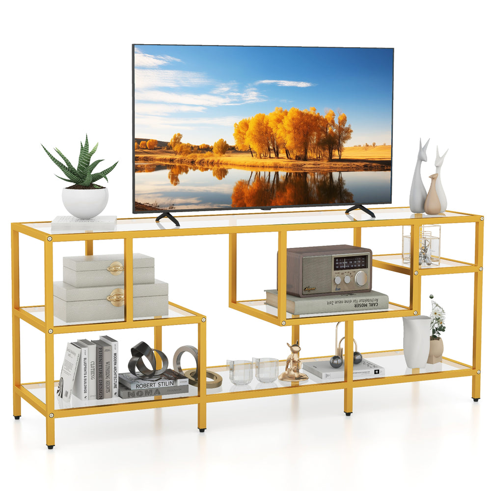 58-inch gold TV console table with tempered glass shelves, perfect for living room storage and displaying media.