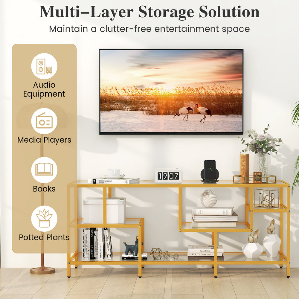 58-inch gold TV console table with tempered glass shelves, ideal for media storage and enhancing living room decor.