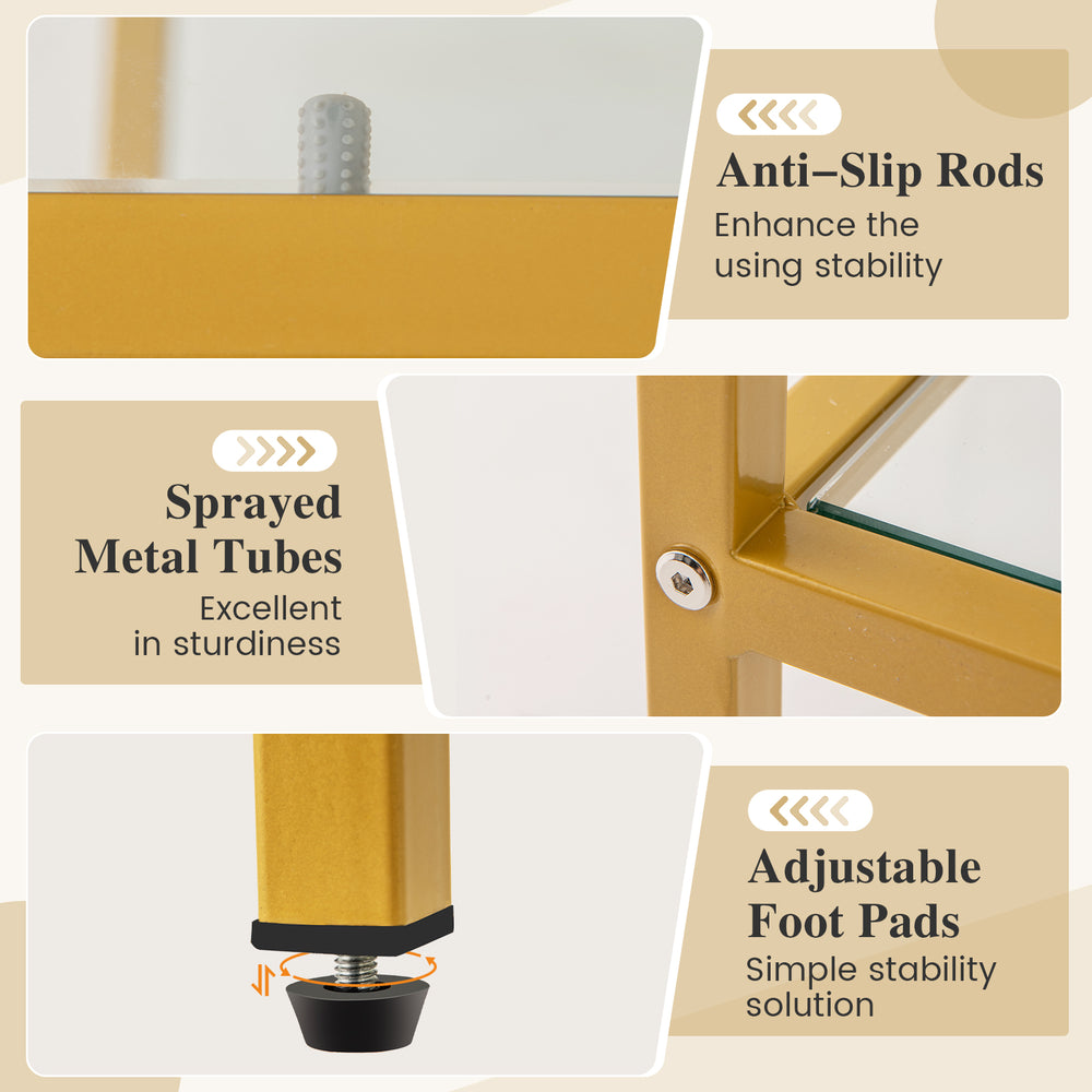 Close-up of adjustable foot pads and anti-slip rods on a gold 58-inch TV console table with tempered glass shelves.