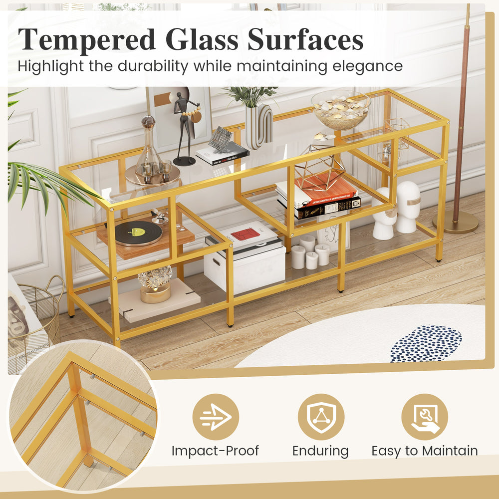 58-inch gold TV console table with tempered glass shelves, ideal for living room storage and elegant display.