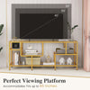 58-inch gold TV console table with tempered glass shelves, accommodating TVs up to 65 inches, ideal for living room.