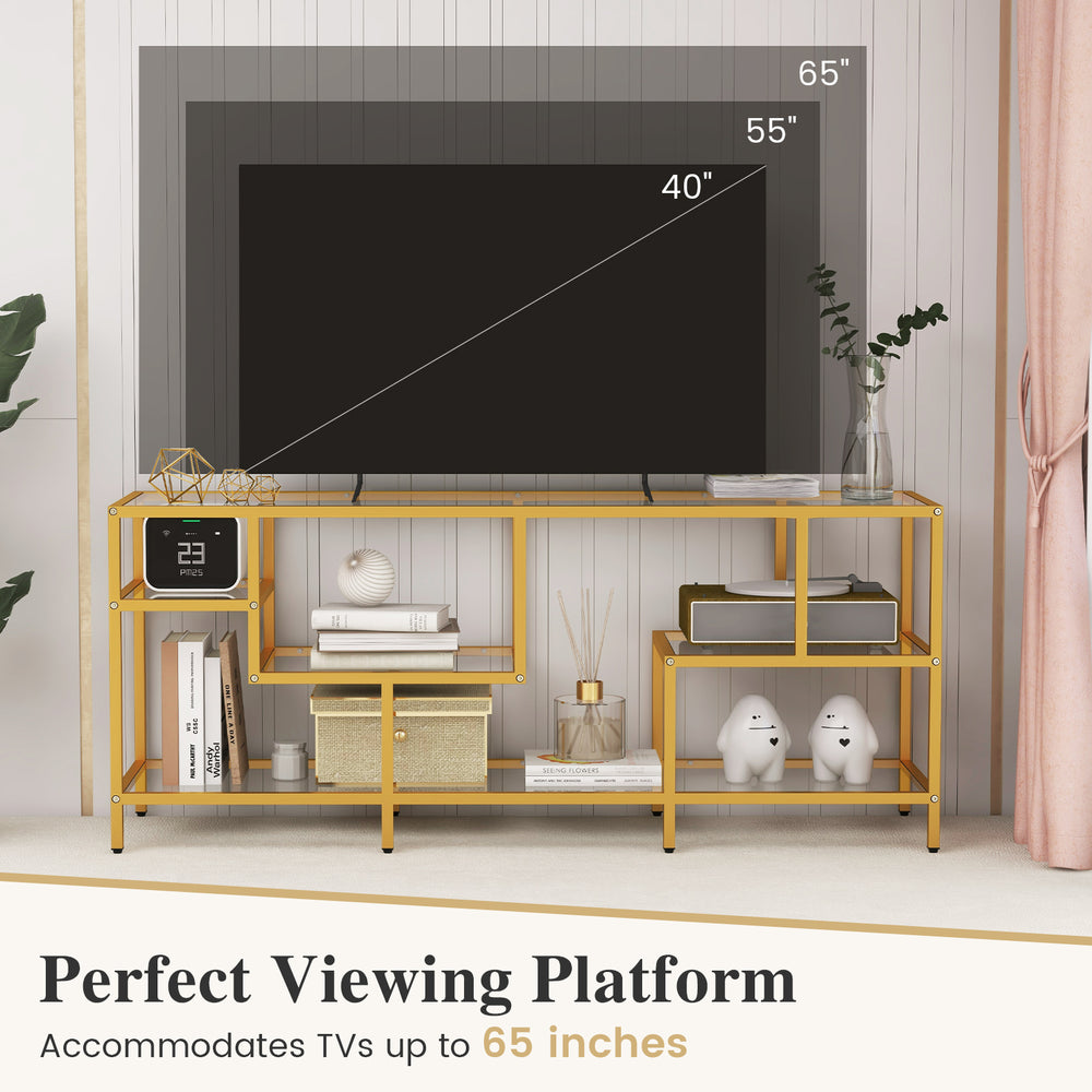 58-inch gold TV console table with tempered glass shelves, accommodating TVs up to 65 inches, ideal for living room.