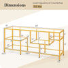 Dimensions of the 58-inch gold TV console table with tempered glass shelves, featuring a load capacity of 110 lbs.