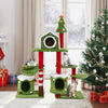 Multi-level 58-inch tall cat tree with festive design, condos, and cozy spots for climbing and relaxing during holidays.