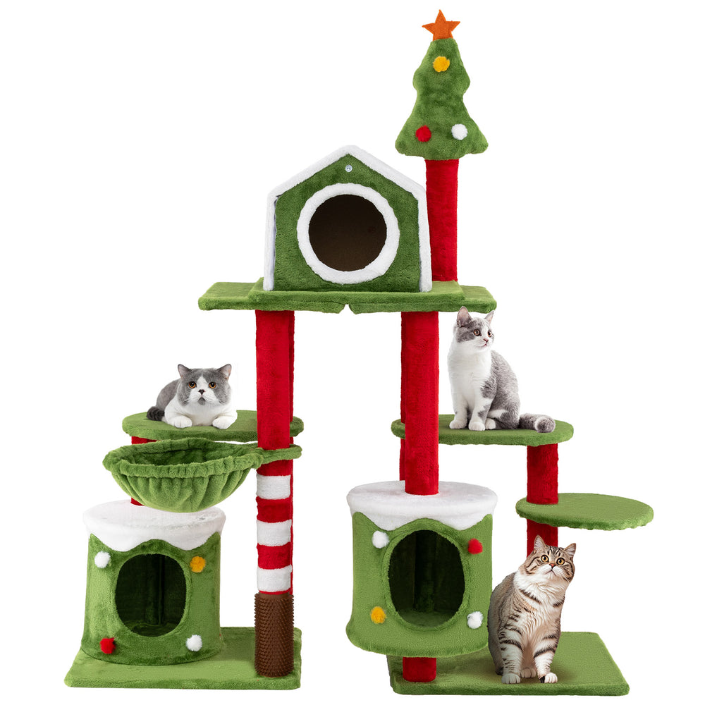 Multi-level 58-inch tall cat tree with condos, festive design, and cozy spots for climbing and relaxing.