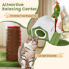 Cat tree tower with Christmas theme, featuring condos, self-groomer, and cozy spots for relaxation and play.
