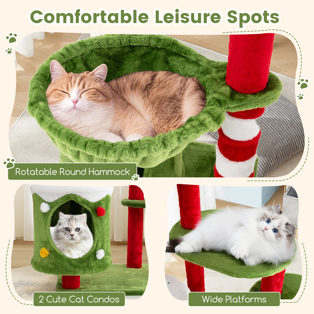 Multi-level 58-inch cat tree with dual condos, soft fabric, and festive design for cozy relaxation spots.