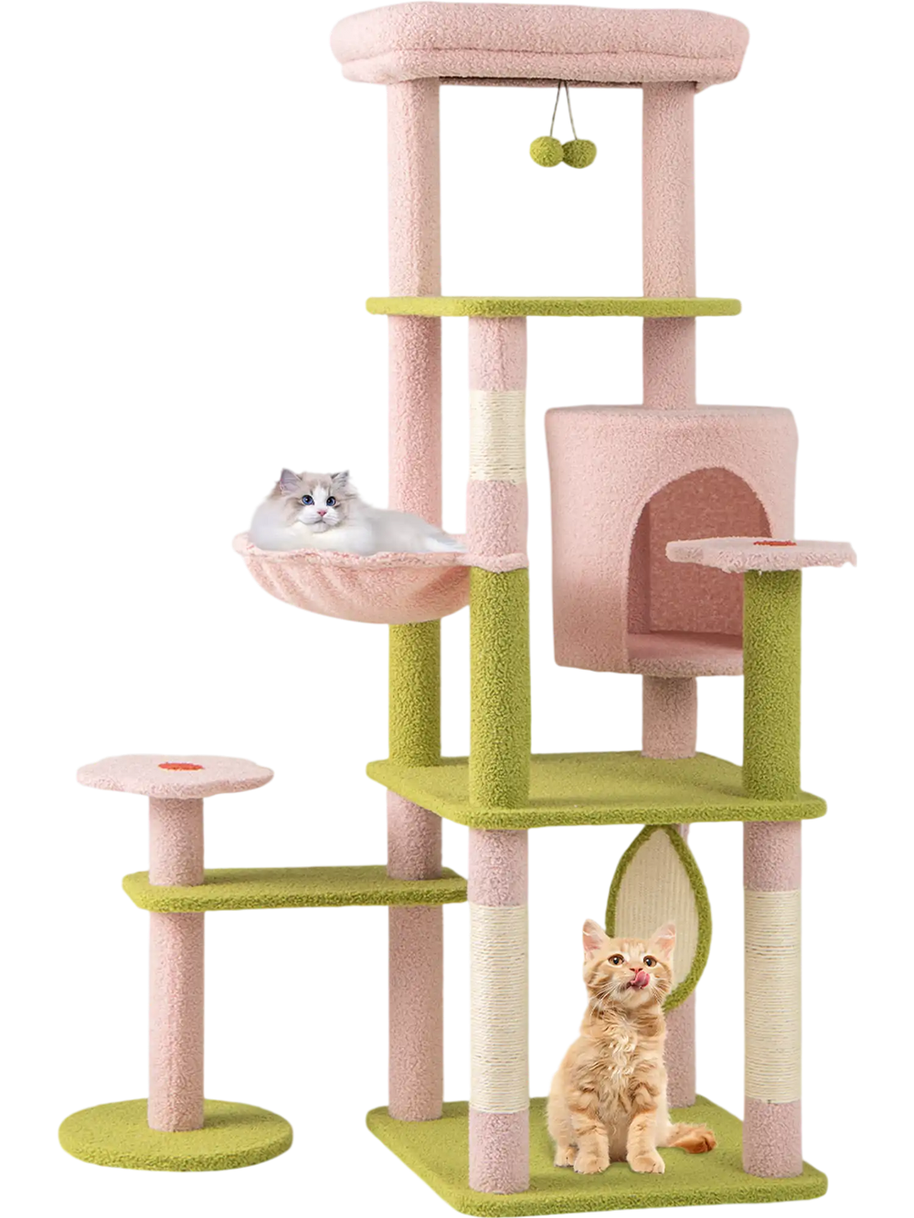 Multi-level 58-inch pink cat tree with cozy condo, hammock, and flower-shaped platforms for playful lounging.