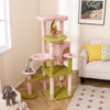 Multi-level cat tree with pink and green design, featuring cozy condo, hammock, and flower-shaped platforms for playful.