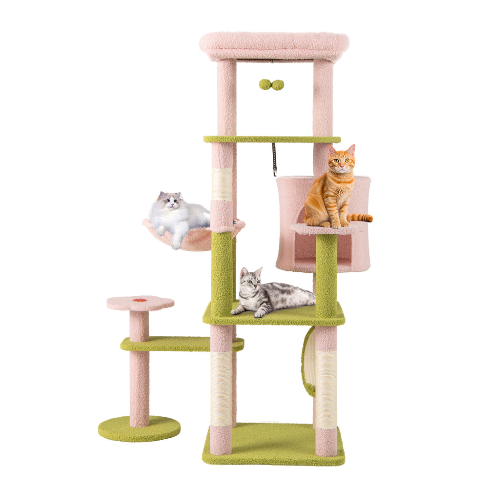 Multi-level 58-inch cat tree in pink with plush fabric, cozy condo, and flower-shaped platforms for playful lounging.