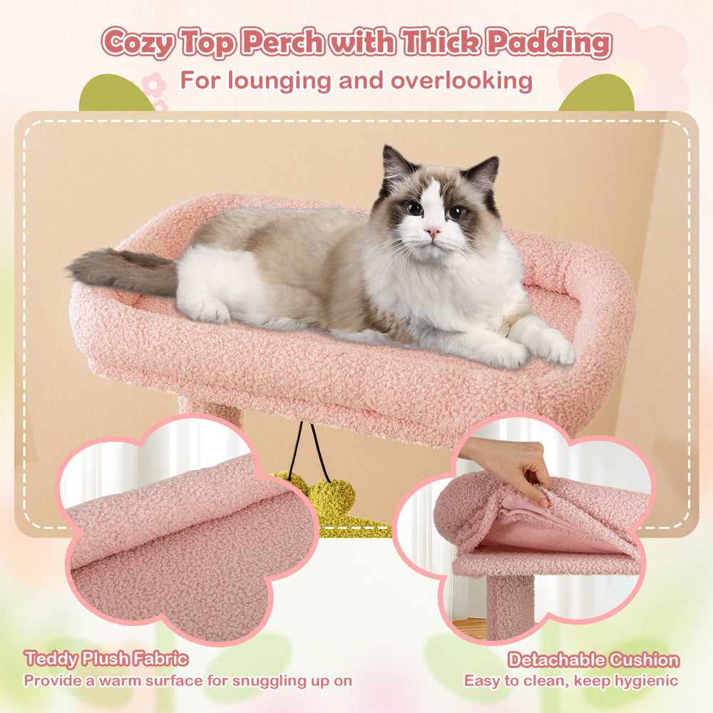 Cozy top perch with thick teddy plush padding for lounging, featuring a detachable cushion for easy cleaning.