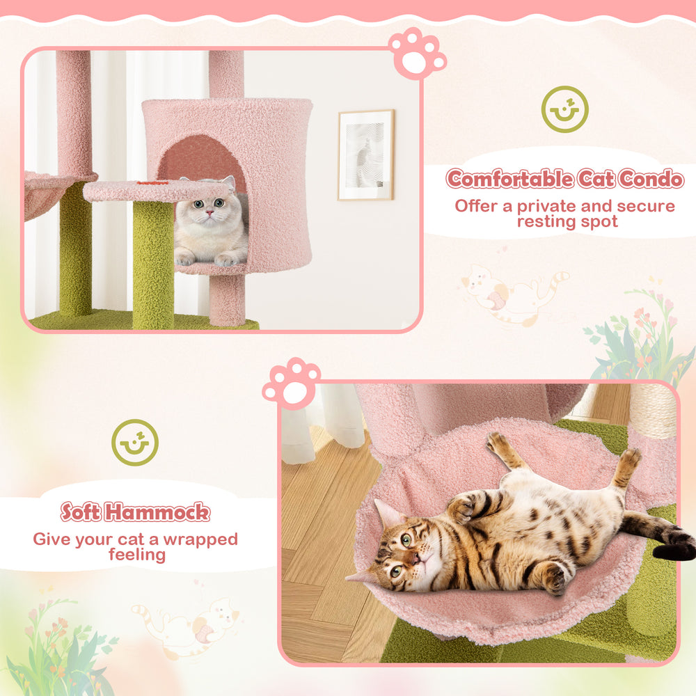 Cozy cat condo and soft hammock on a 58-inch pink multi-level cat tree for secure lounging and play.
