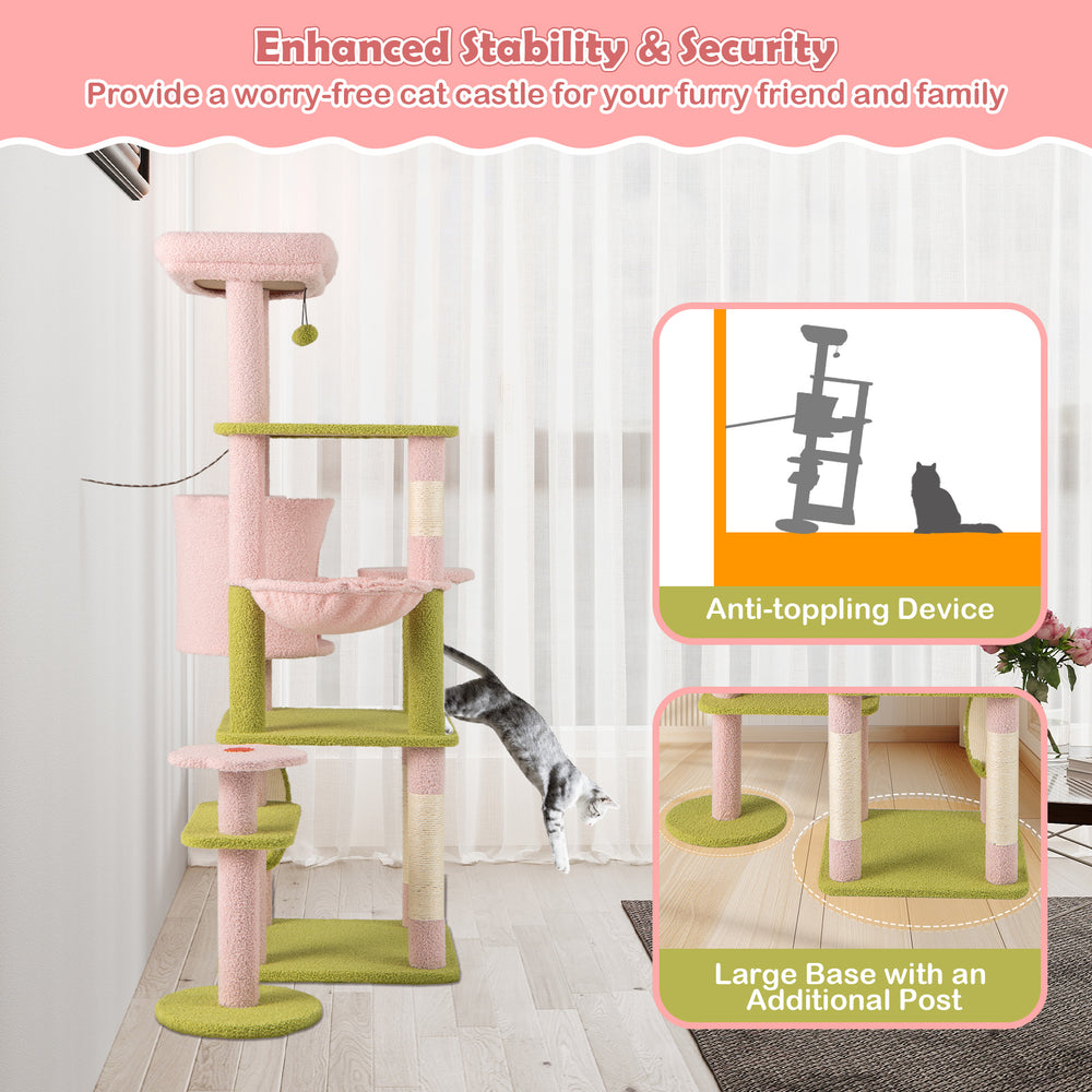 Multi-level 58-inch pink cat tree with plush surfaces, cozy condo, and scratching posts for playful cats.