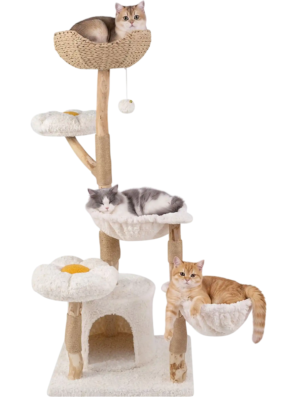 Multi-level 58-inch tall cat tree with solid wood, two flower platforms, and cozy hammocks for playful lounging.
