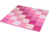 Pink toddler folding activity floor mat with a patchwork design, made of non-toxic foam for safe play and easy cleaning.