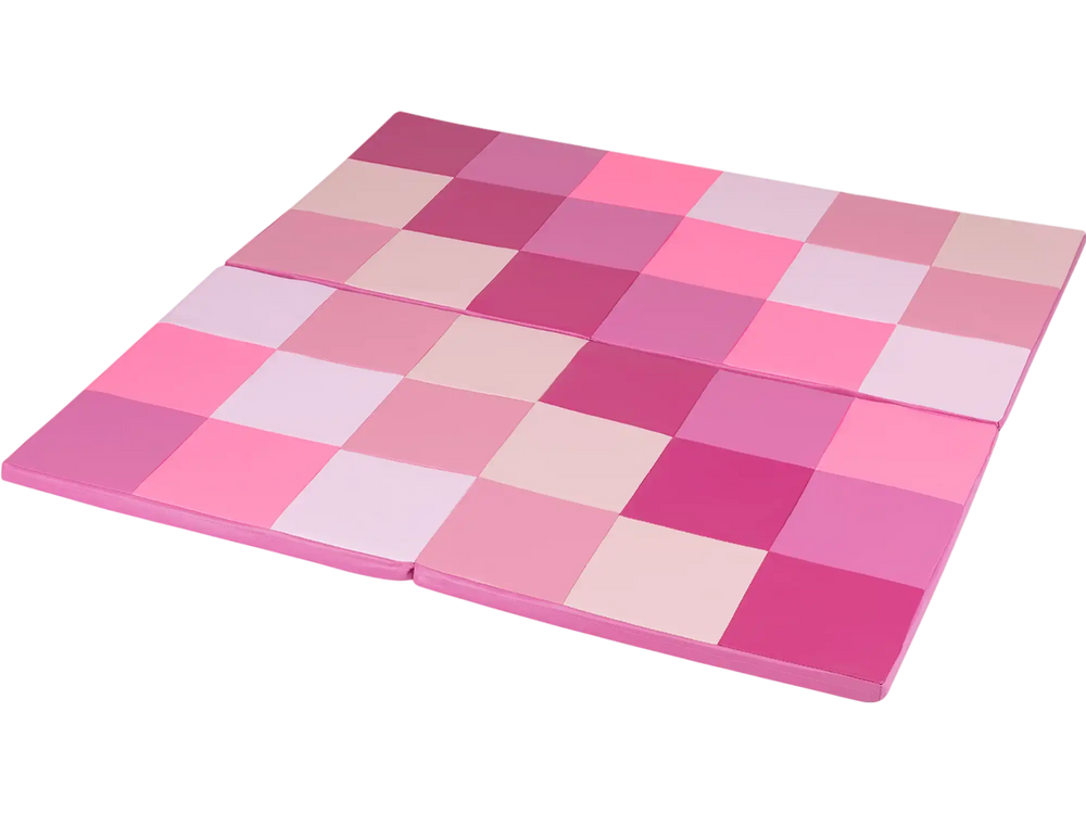 Pink toddler folding activity floor mat with a patchwork design, made of non-toxic foam for safe play and easy cleaning.