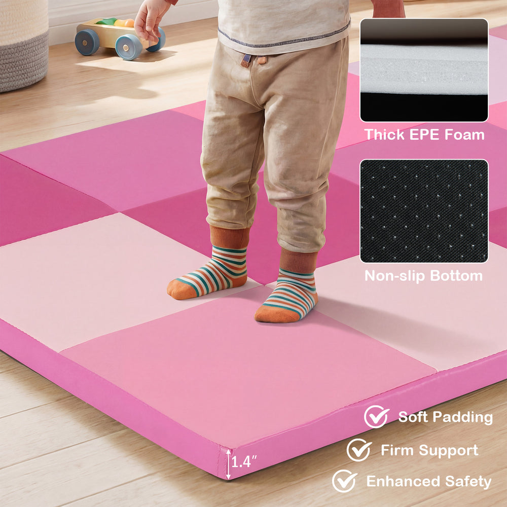 Pink toddler folding activity floor mat with thick EPE foam, non-slip bottom, and soft padding for safe play.