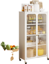 White 58-inch bookcase with adjustable shelves, transparent doors, and lockable wheels for versatile storage in any.