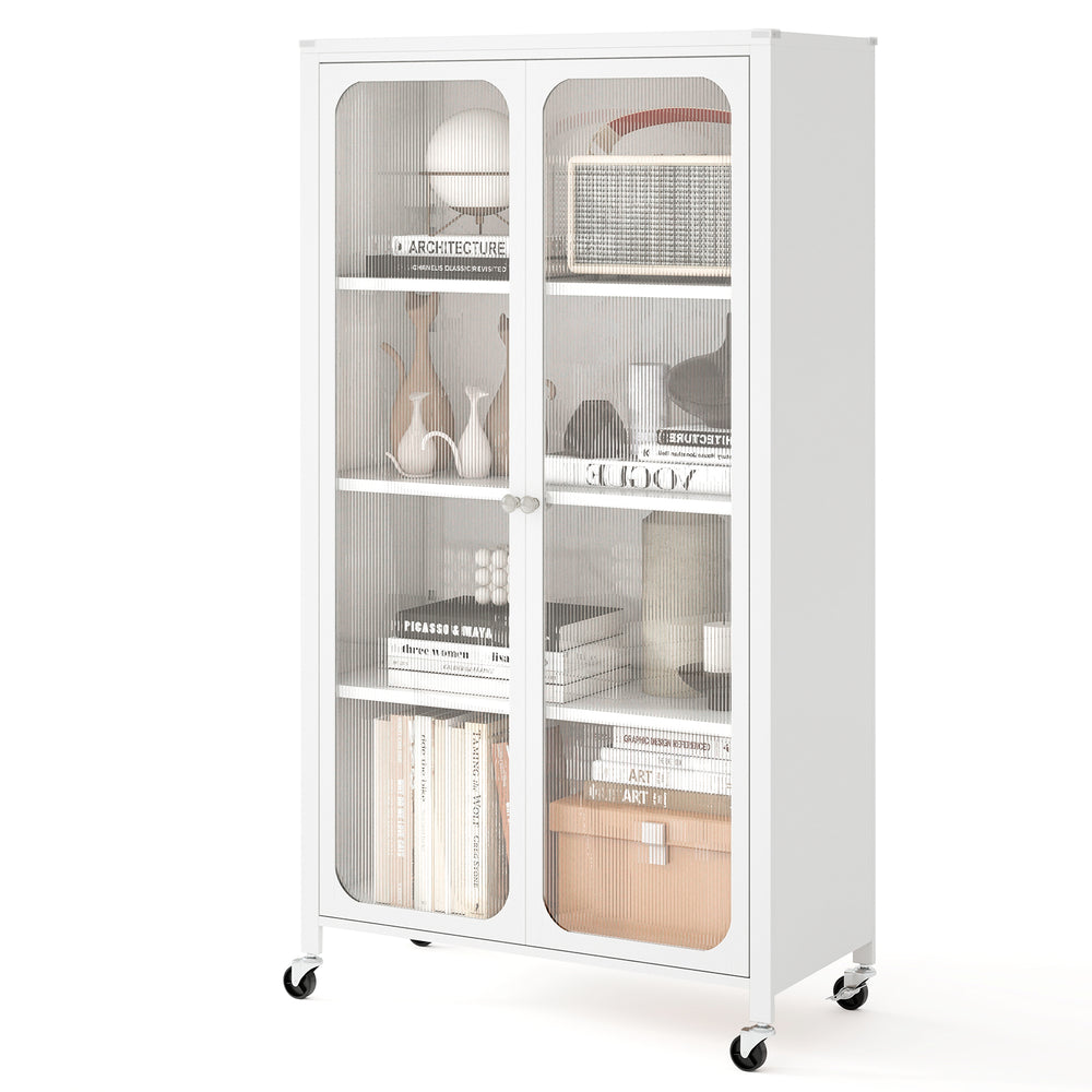 White 58-inch bookcase with adjustable shelves, lockable wheels, and transparent doors for organized storage.