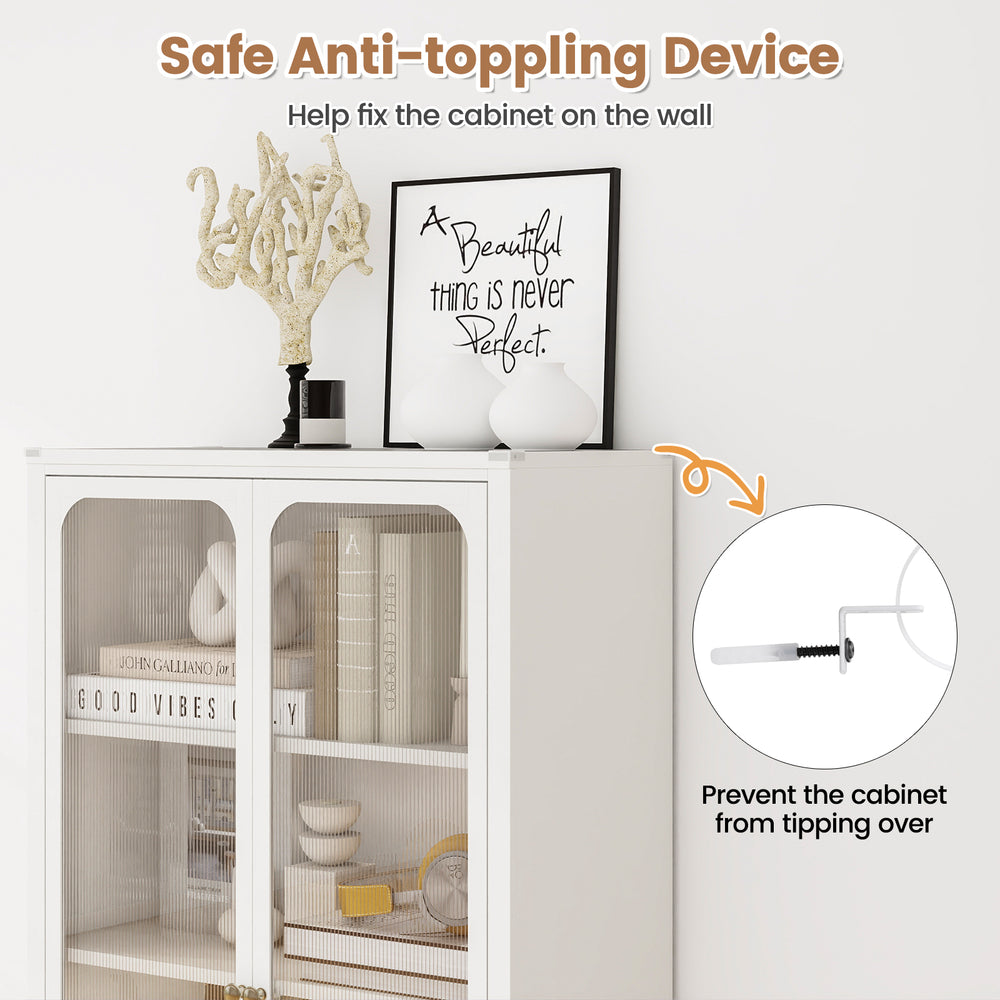 58-inch white bookcase with adjustable shelves, lockable wheels, and anti-tipping device for stable storage.