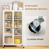 Close-up of the 58-inch white bookcase's lockable wheels, showcasing smooth movement and stability for easy mobility.