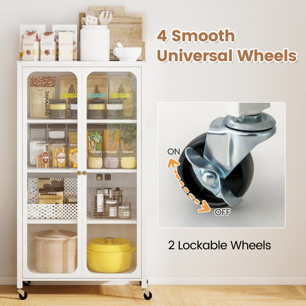 Close-up of the 58-inch white bookcase's lockable wheels, showcasing smooth movement and stability for easy mobility.