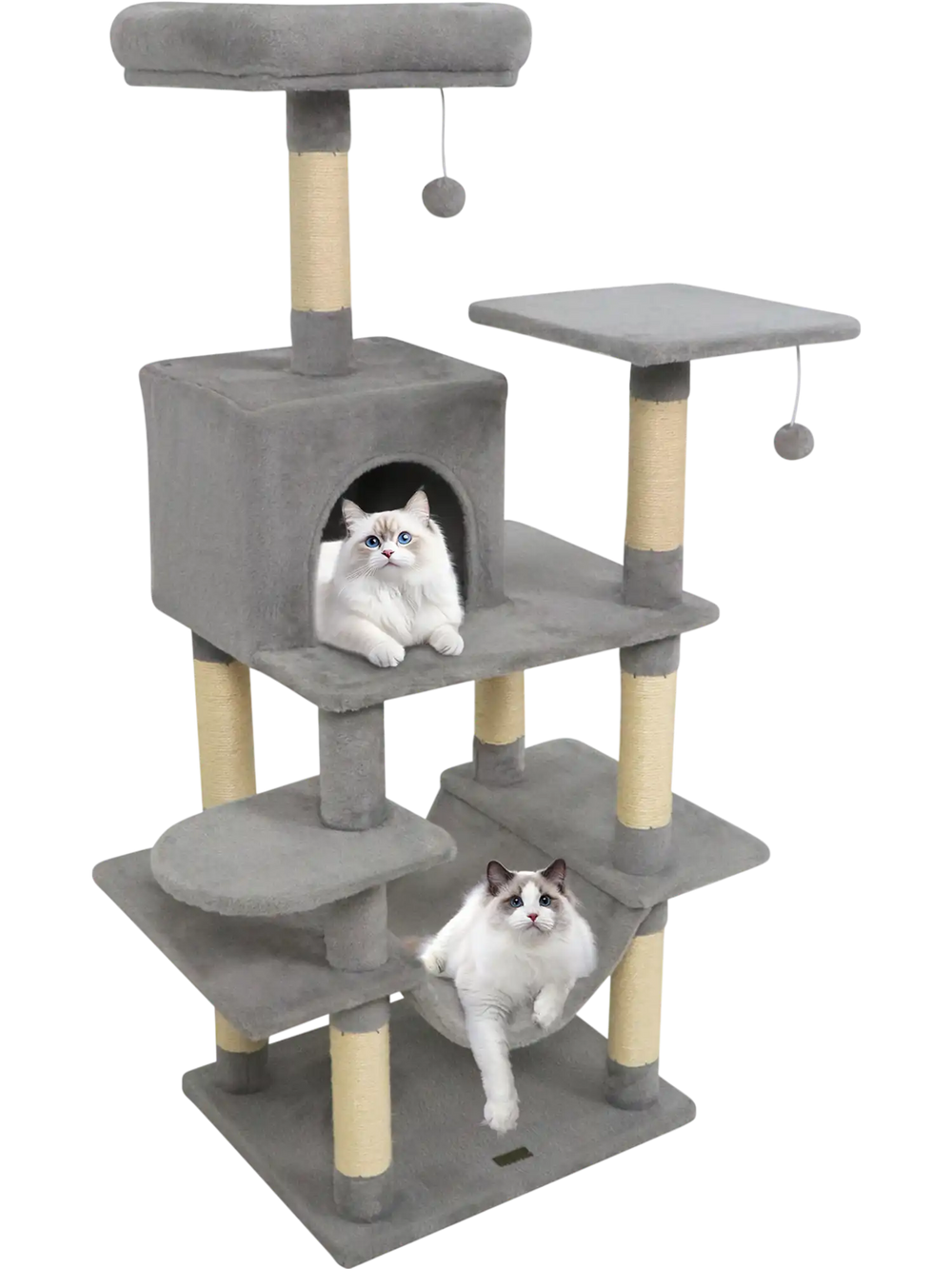 Multi-level cat tree in light gray with padded top perch, cozy condo, and natural sisal scratching posts for playful.