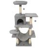 Multi-level cat tree in light gray with padded top perch, sisal scratching posts, and interactive hanging balls for.
