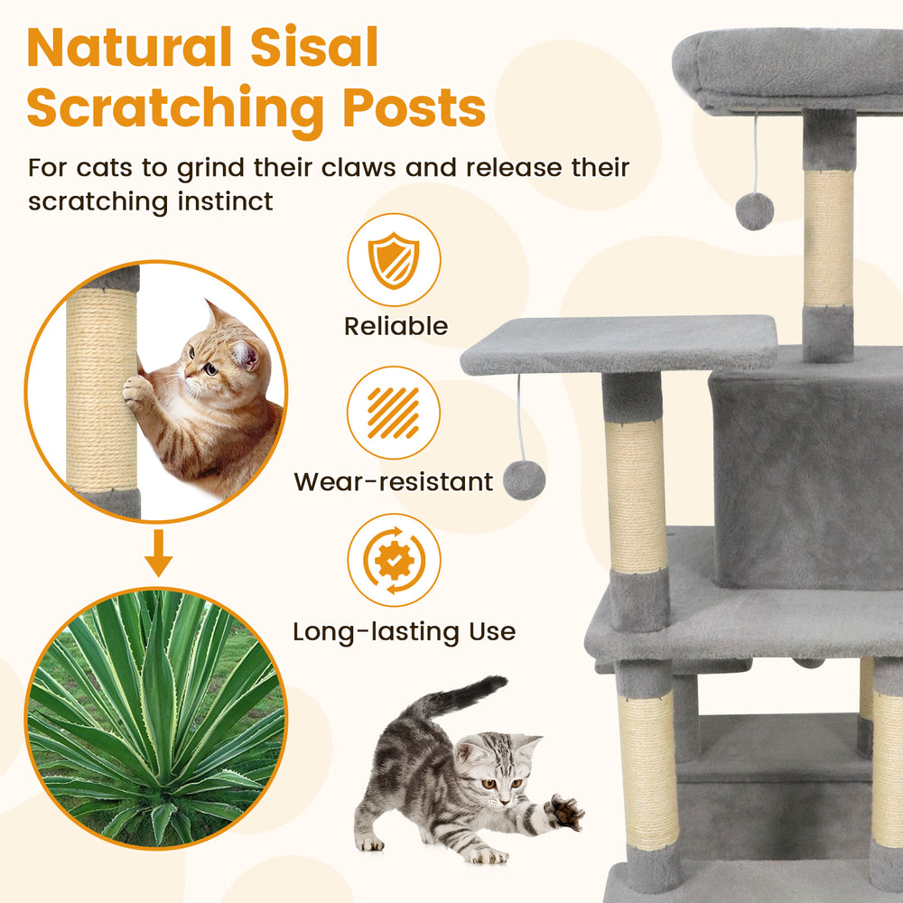 Multi-level cat tree with natural sisal scratching posts, padded top perch, and soft plush fabric for comfort and.