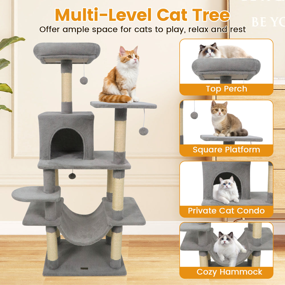 Multi-level cat tree in light gray with padded top perch, private condo, and sisal scratching posts for playful cats.