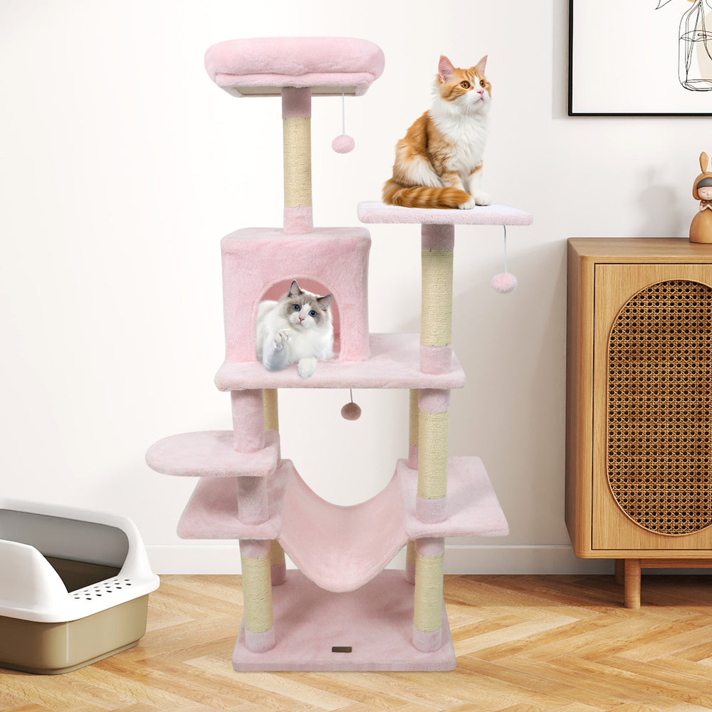 58" Multi-Level Cat Tree Soft Plush Cat Tower with Padded Top Perch-Pink - Gallery View 1 of 10