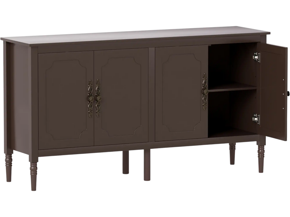 Vintage brown buffet cabinet with pine wood legs and adjustable shelves, perfect for kitchen or dining room storage.