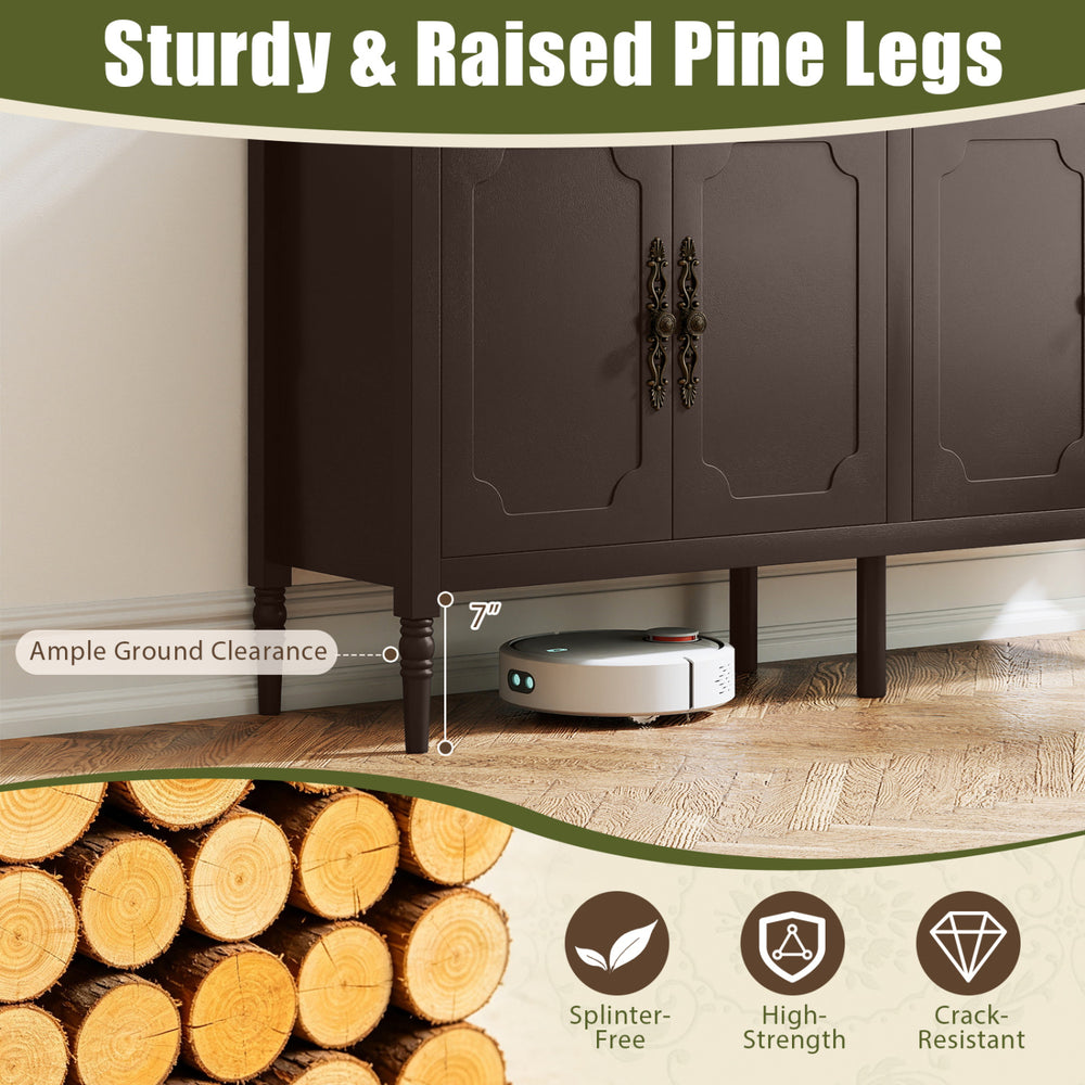 Vintage buffet cabinet with sturdy pine legs, adjustable shelves, and ample ground clearance for easy floor cleaning.