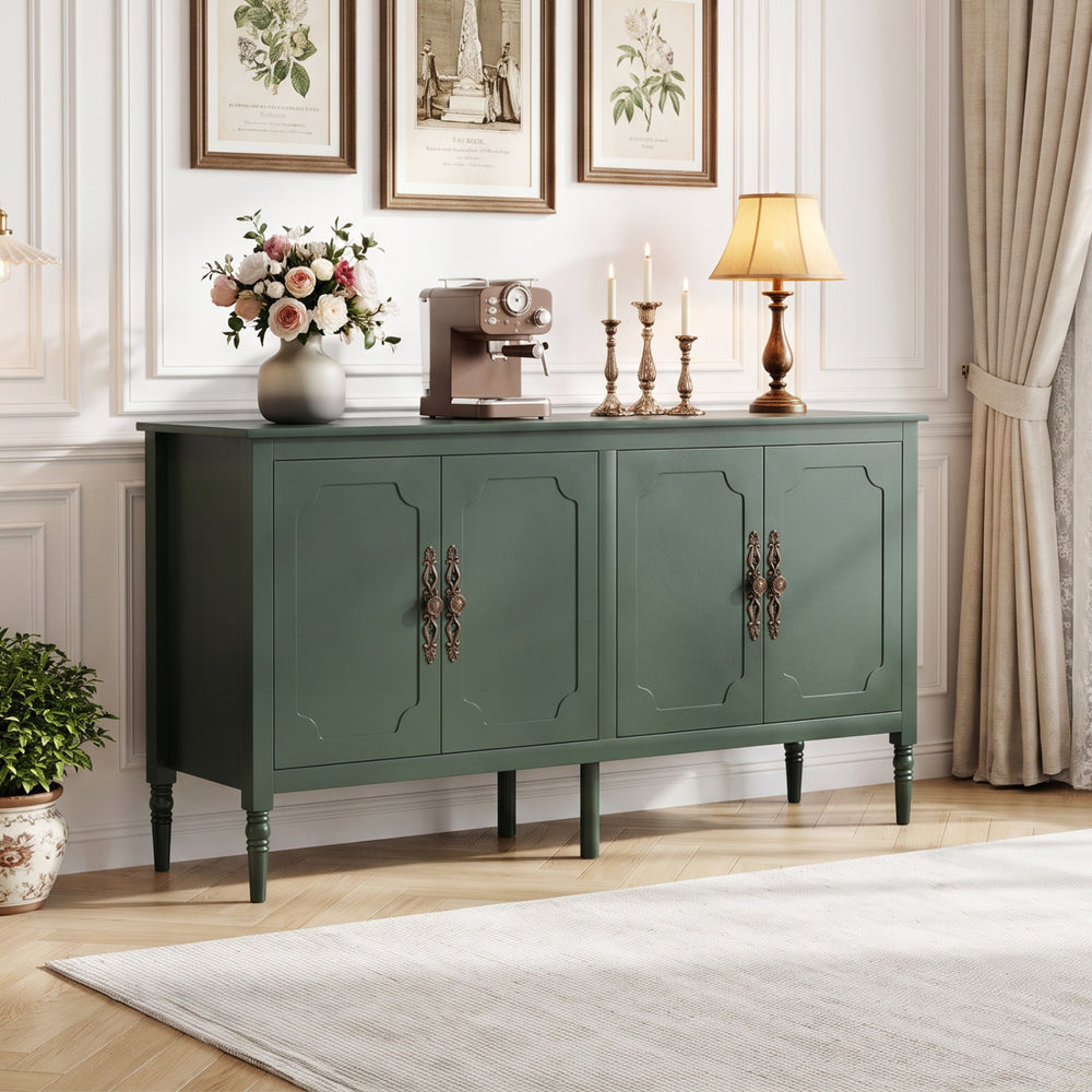 58" Vintage Buffet Cabinet with Pine Wood Legs and Adjustable Shelves for Kitchen-Green - Gallery View 1 of 11