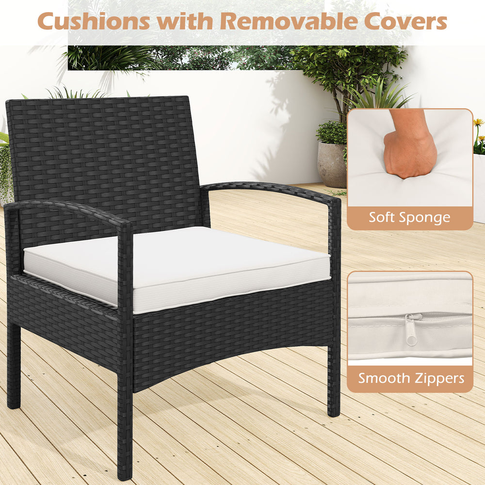 Black rattan chair with soft sponge cushion and removable cover, ideal for outdoor patios and gardens.