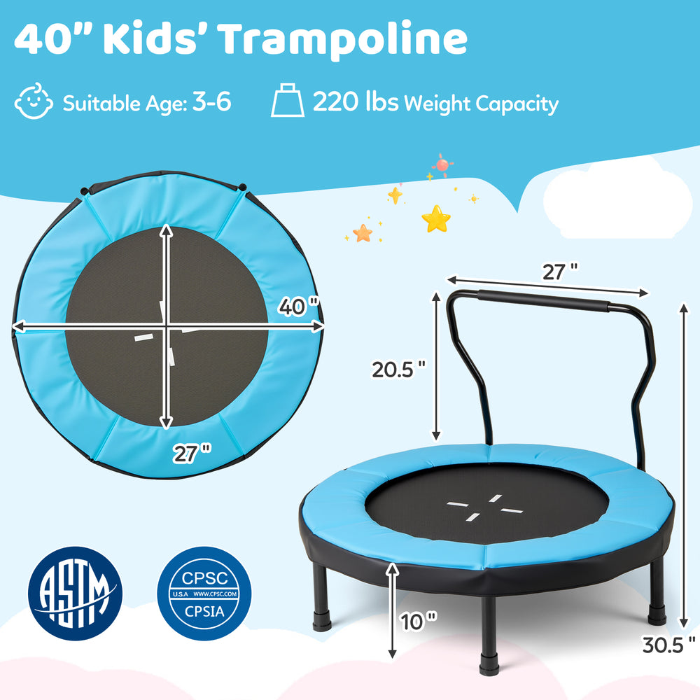 40-inch kids' trampoline in blue with padded edge, foam handle, and sturdy frame for indoor and outdoor fun.