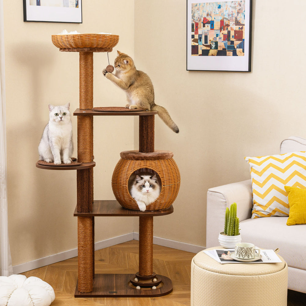 Multi-level 59.5-inch cat tree in brown with PE rattan condo, plush cushions, and interactive toys for playful cats.