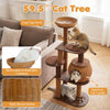 Multi-level 59.5" cat tree in brown with PE rattan condo, cozy top perch, and removable cushions for playful cats.