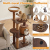 Multi-level cat tree with PE rattan condo, plush cushions, and anti-slip foot pads for safe climbing and lounging.