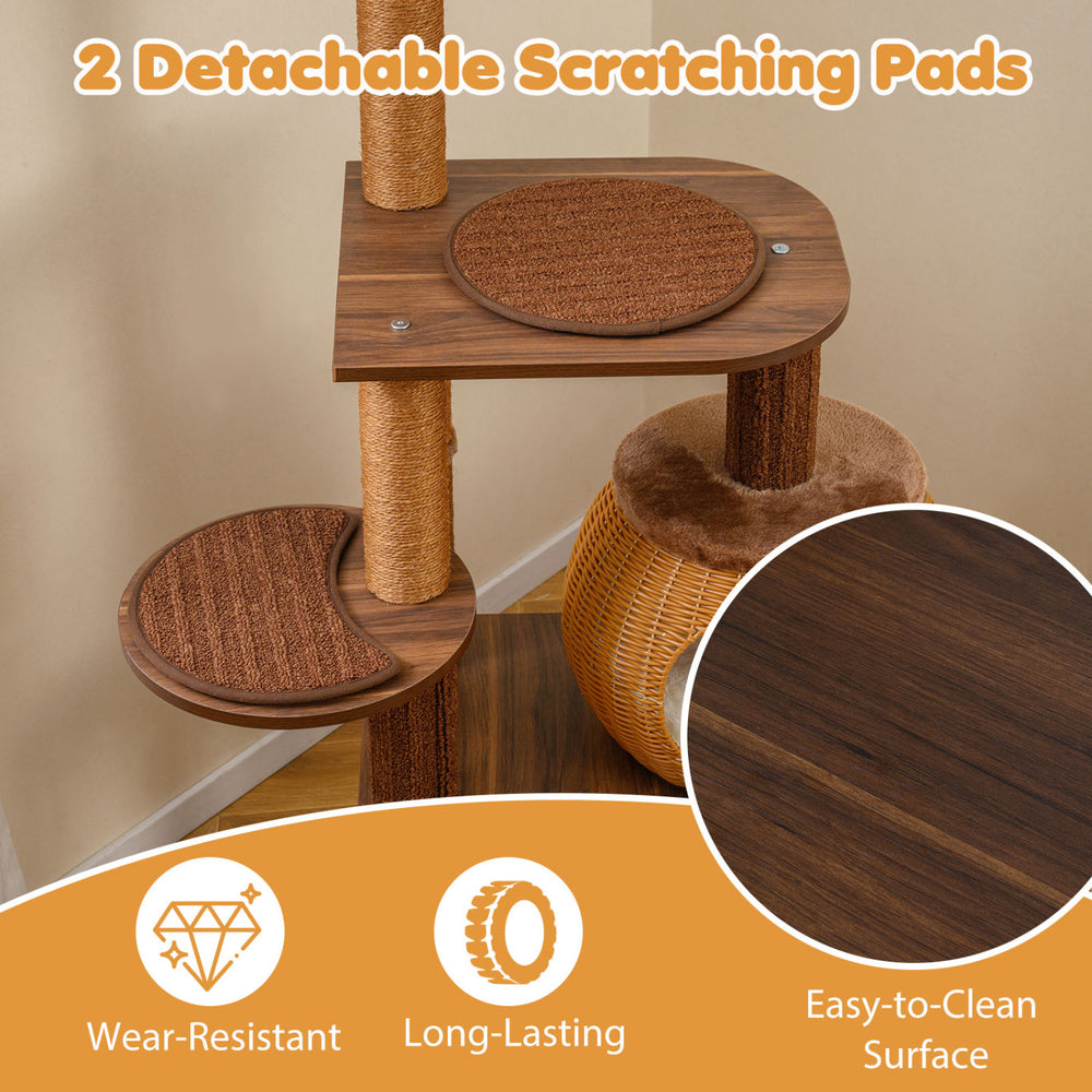 Multi-level cat tree with removable, wear-resistant scratching pads and easy-to-clean surface for playful cats.