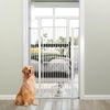 Extra tall 59" white metal pet gate with wide opening, ideal for doorways, featuring a small door for easy pet access.