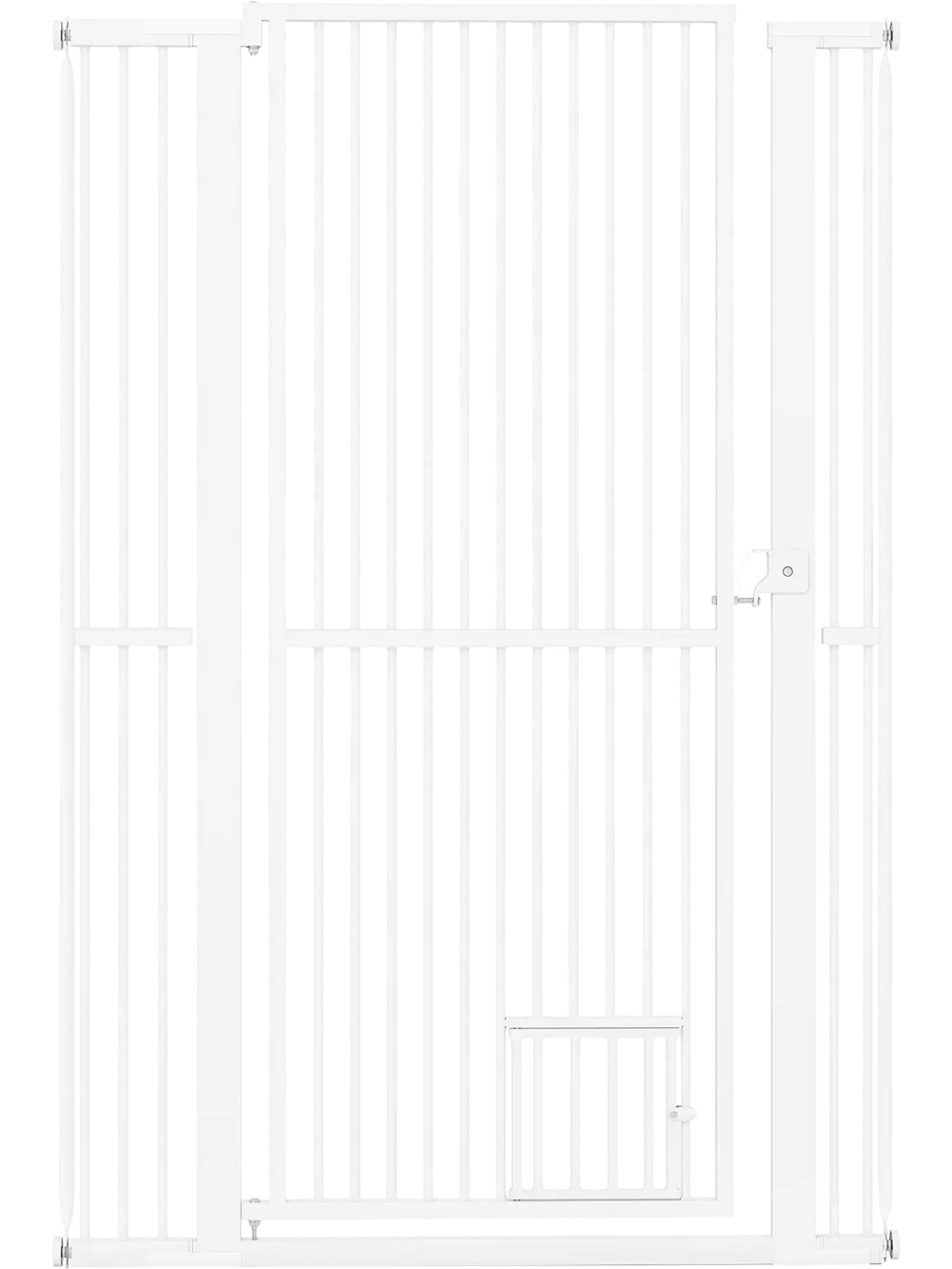 59" extra tall white metal pet gate with wide opening, designed for doorways and kitchens, ensuring maximum safety.