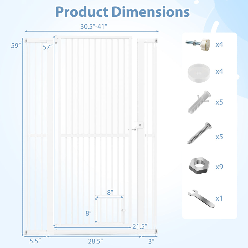 59" extra tall white metal pet gate dimensions with installation hardware, ideal for doorways and kitchens.