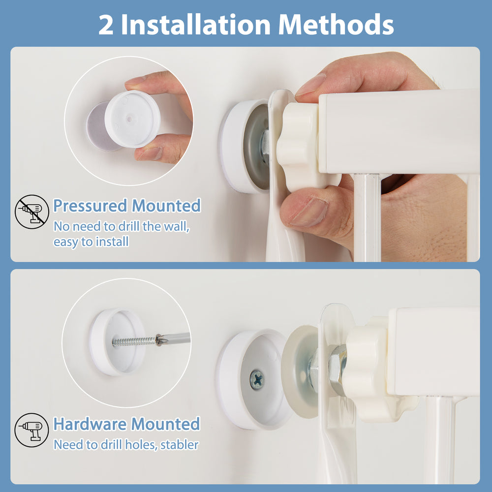 Installation methods for the 59” extra tall heavy-duty metal pet gate, showing pressure and hardware mounting options.