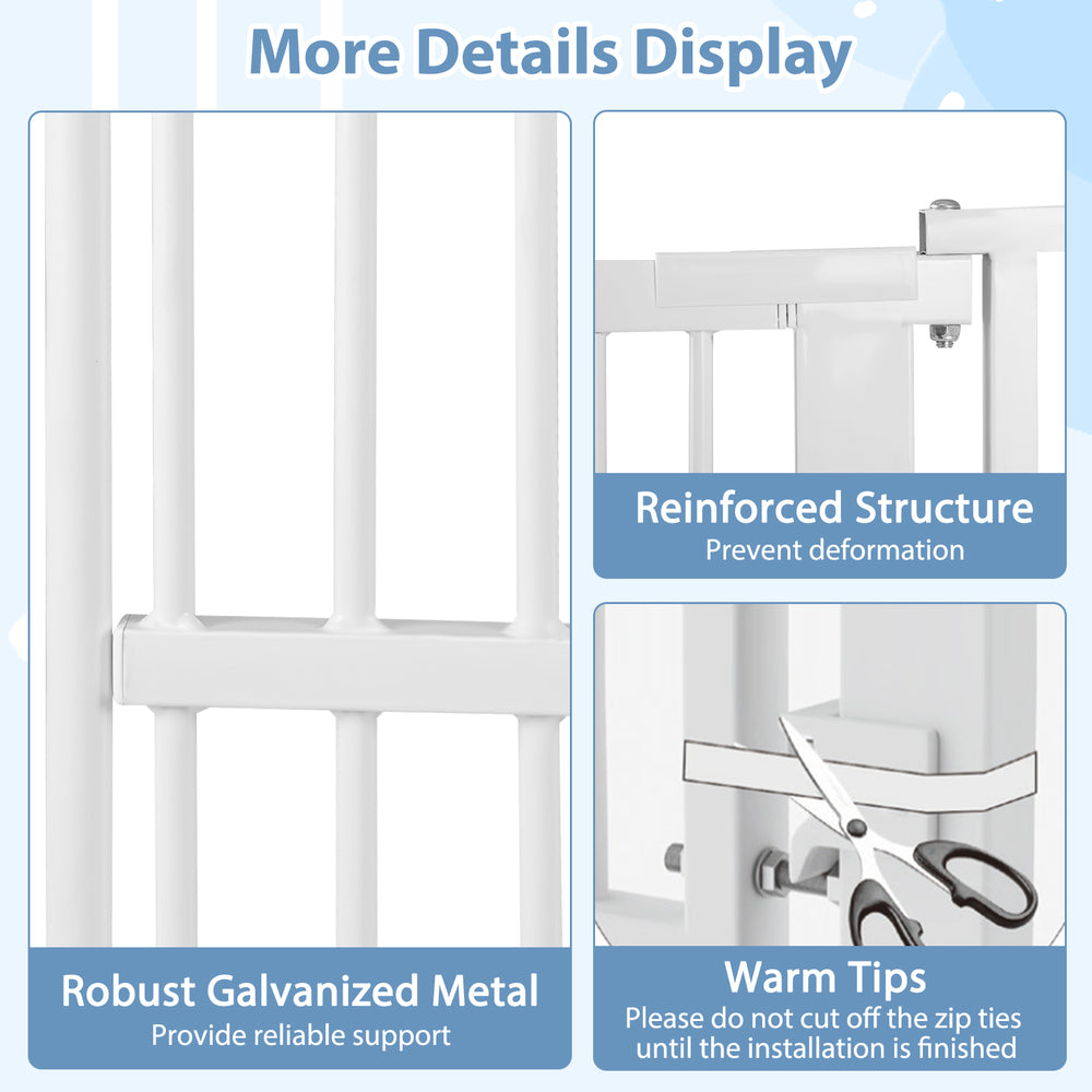 Close-up of the 59” extra tall pet gate in white, featuring robust galvanized metal for reliable support and a.