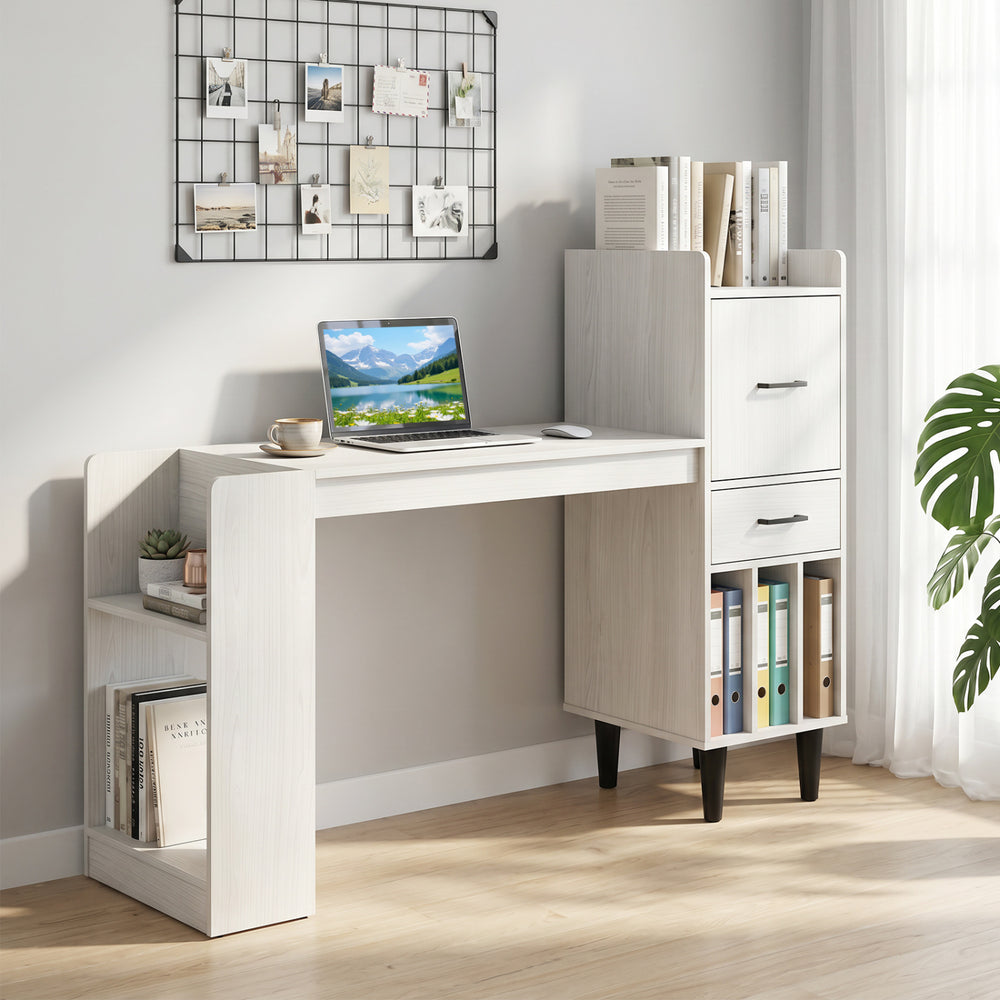 Home office desk in white with 36" wood-textured top, side storage shelves, and drawer cabinets for organized workspace.