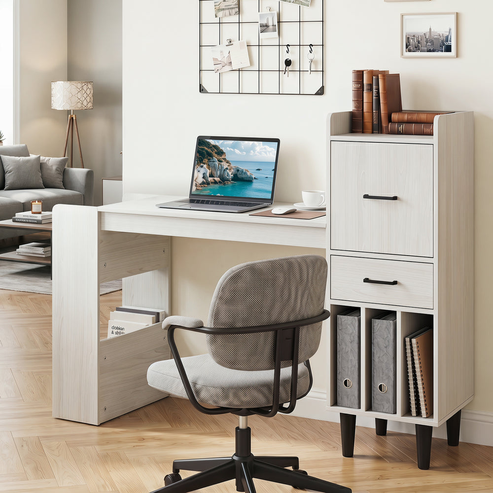 Home office desk featuring a sleek design with a spacious 36" tabletop, side drawer cabinet, and storage cubbies for organization.