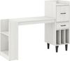 Home office desk in white with side storage shelves, drawer cabinets, and ample workspace for writing or gaming.