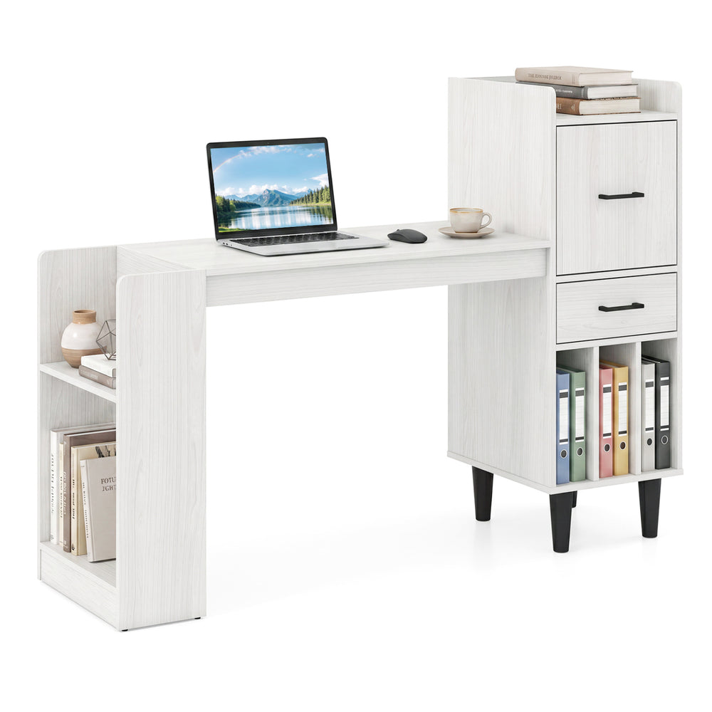 Home office desk in white with a 36" wood-textured top, side storage shelves, and drawer cabinets for organized workspace.
