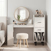 Home office desk with a white wood-textured finish, featuring side storage shelves and drawer cabinets for organized workspace.